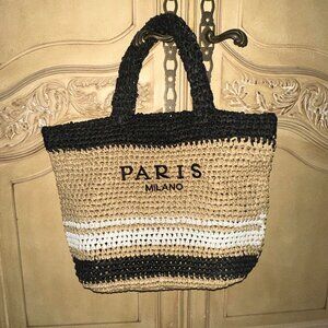 Neiman Marcus Paris Milano Summer Woven Straw Beach Tote Bag